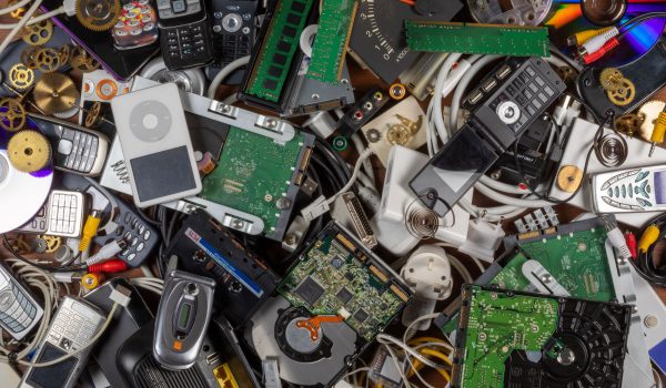 Stapel met oude elektrische en elektronische apparaten