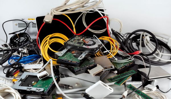 Stapel met oude elektrische apparaten